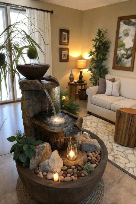 🕯️ نافورة داخلية حجرية بإضاءة دافئة